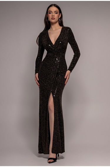 Glitter Lurex Long Sleeve Wrap Maxi Dress - Black by Goddiva