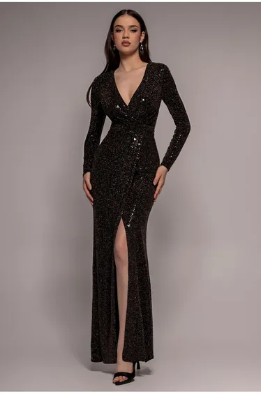 Glitter Lurex Long Sleeve Wrap Maxi Dress - Black by Goddiva