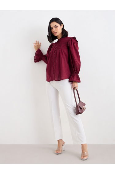 Burgundy Ruffled Blouse with Lace Detail