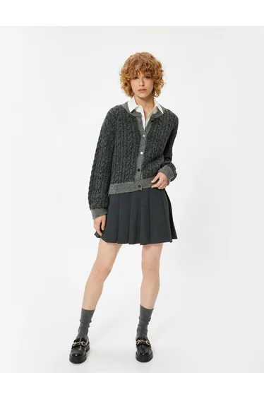 Knitted Cardigan Hair Knit Textured Buttoned Long Sleeves Crew Neck
