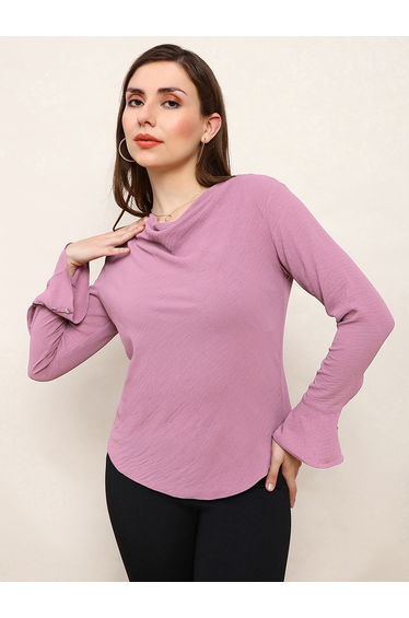 Women Pink Cowl Neck Flared Sleeves Top