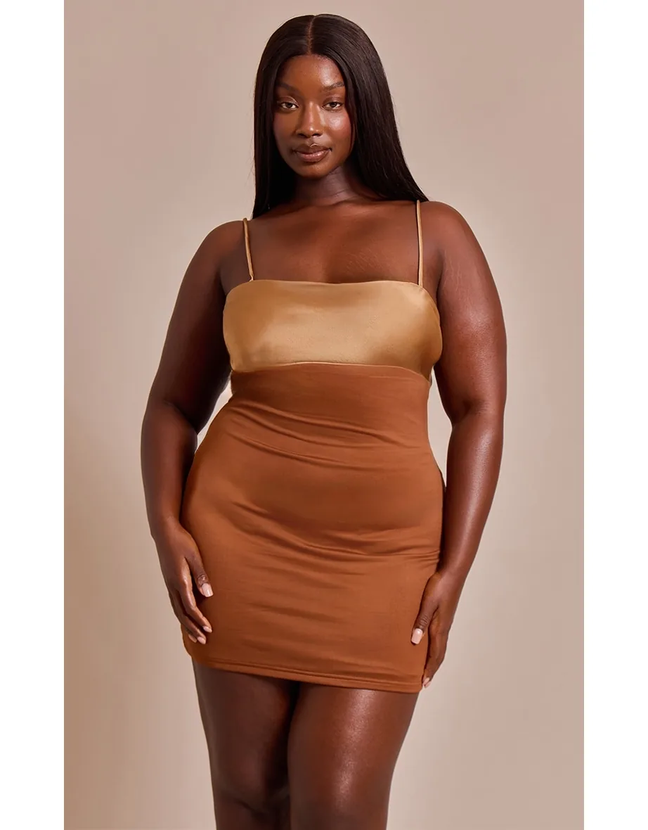 Plus Brown Contrast Bust Panel Strappy Mini Dress Prettylittlething Brown :  Dresses : VogaCloset Oman