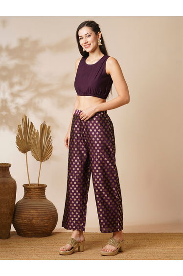 Women Boat Neck Poncho Top and Floral Gold Foil Print Pants Fusion Co-Ords