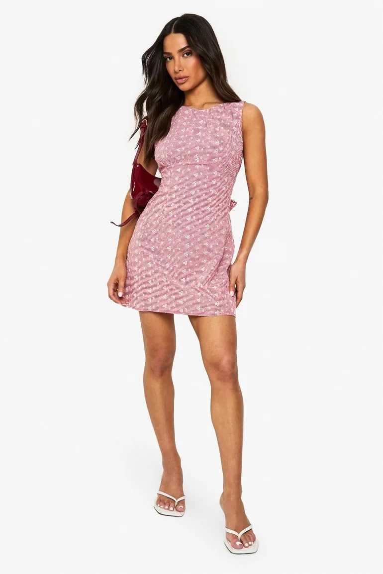 Petite Embroidered Gingham Tie Back Shift Dress - red Boohoo Red : Dresses  : VogaCloset Bahrain