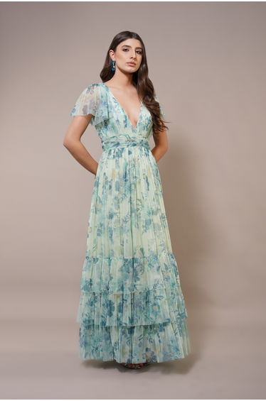 Madison Tulle Maxi Dress in Light Sage Floral