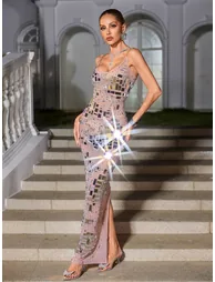 Jynvira Spaghetti Rhinestone Acrylic Mesh Maxi Dress - 3
