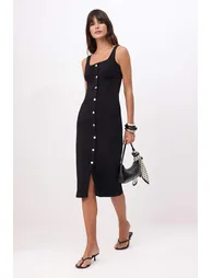 Black Button Detailed Medium Stretchy Midi Denim Dress