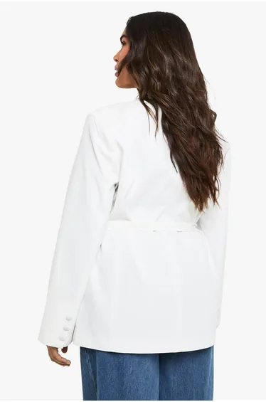 Plus Tailored Tie Belt Wrap Blazer - ivory