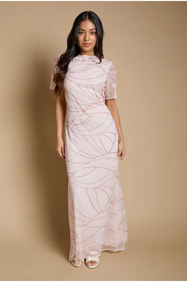 Petite Linear Embellished Angel Sleeve Maxi Dress