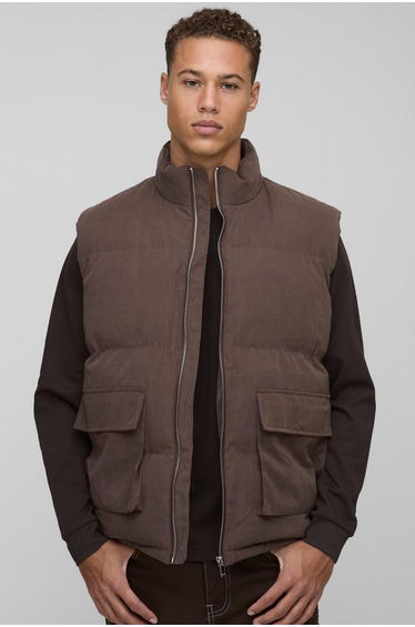 Tall Boxy Faux Suede Funnel Neck Gilet In Chocolate - chocolate