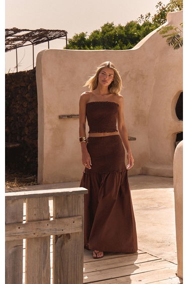 Brown Shirred Contrast Maxi Skirt
