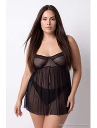 Black Capless Underwireless Fancy Nightgown/Plus Size Babydoll & Thong - 4