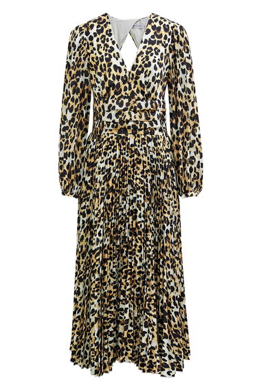 Animal Print V-Neck Cutout Back Pleated Dress