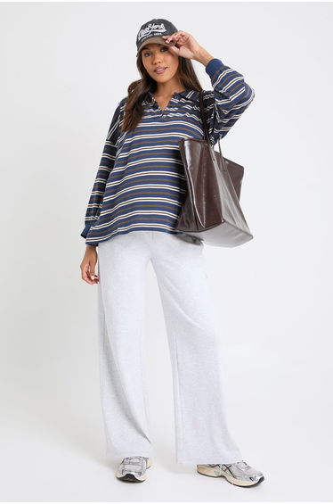 Maternity Striped Heavy Cotton Button Detail Collared Rugby Top - navy