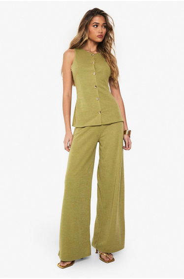 Textured Wide Leg Trouser - olive