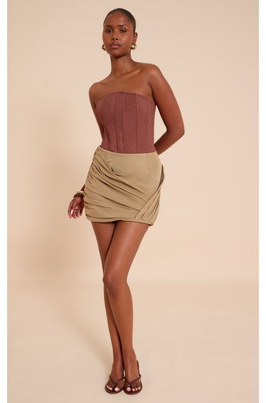 Mushroom Woven Wrap Front Ruched Mini Skirt