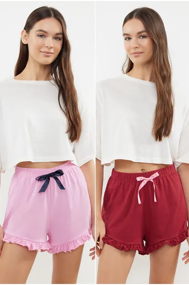 Pink-Claret Red 2 Pack 100% Cotton Knitted Pajama Bottoms