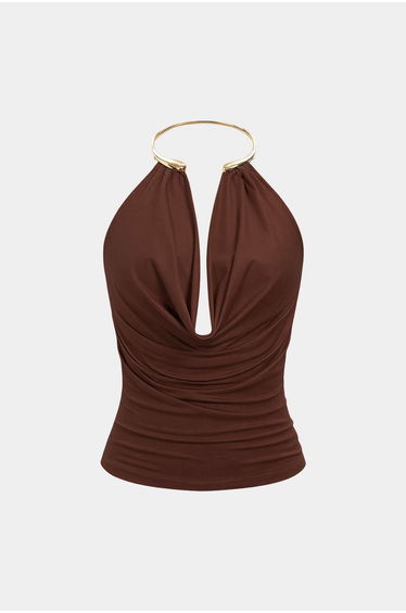 Draped Cowl Halter Neck Metallic Backless Tank Top