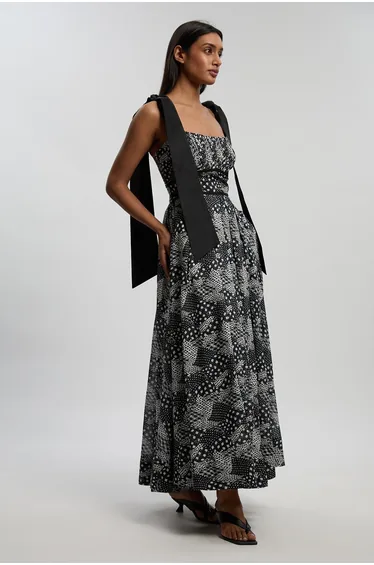 Petite Mono Geo Silk Cotton Woven Strappy Dress