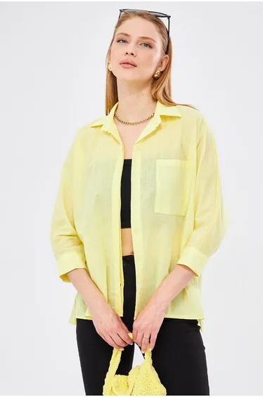 Women Yellow Pocket Casual Linen Shirt