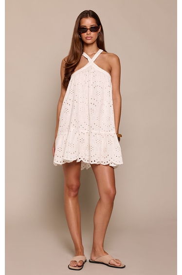 White Broderie Halterneck Puff Ball Dress