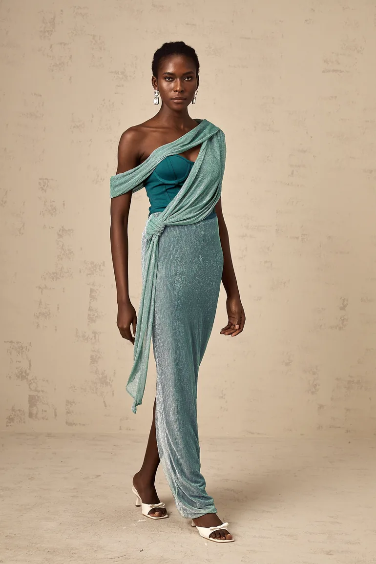 Delphine ribbon-design corset maxi dress in Green - 3
