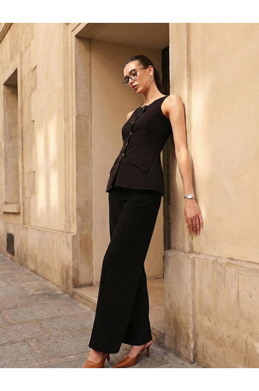 Black 100% Cotton Solid Tailored Waistcoat