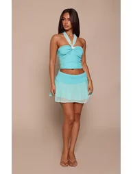 Petite Baby Blue Ombre Crinkle Textured Foldover Waist Mini Skirt Co-ord - 3