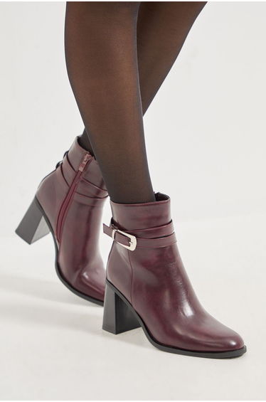 Melisssa Faux Leather Buckle Detail Round Toe High Block Heel Ankle Boots