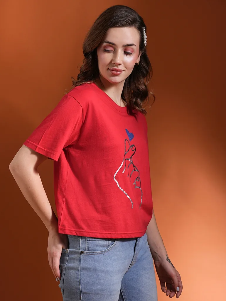 Red Graphic Printed Oversized Crop T-Shirt - 2