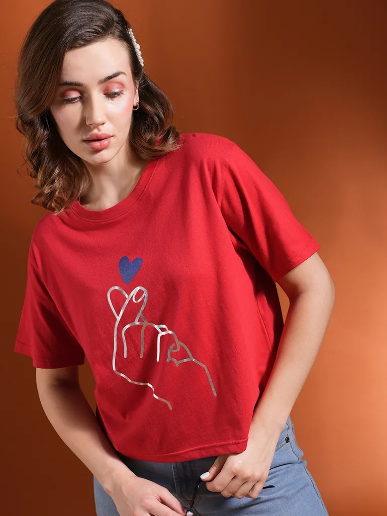 Red Graphic Printed Oversized Crop T-Shirt - 1