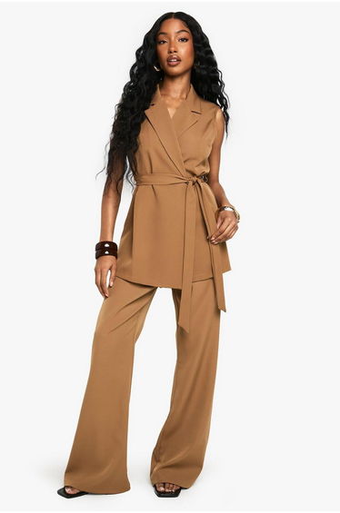 Tie Waist Shoulder Pad Waistcoat - mocha