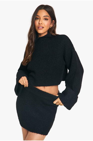 High Neck Oversized Crop Knitted Jumper And Micro Mini Skirt Set