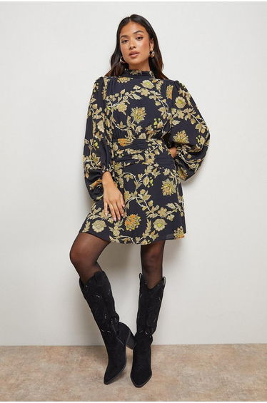 Petite High Neck Gathered Waist Balloon Sleeve Mini Dress