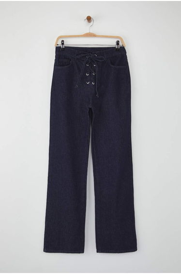Dark Blue Lace Detailed High Waist Wide Leg Jeans