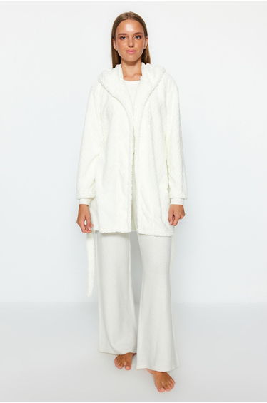 Premium Ecru Patterned Hooded Wellsoft Winter Knitted Dressing Gown