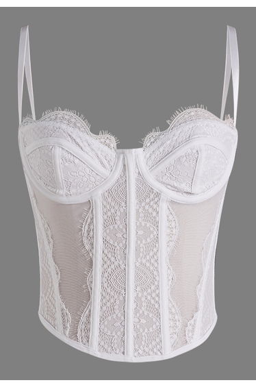 Elegant Sheer Lace Mesh Bustier Top in White for Cocktail Parties & Retro Themed Events