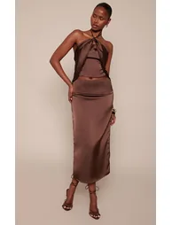 Chocolate Satin Keyhole Detail Halter Neck Top