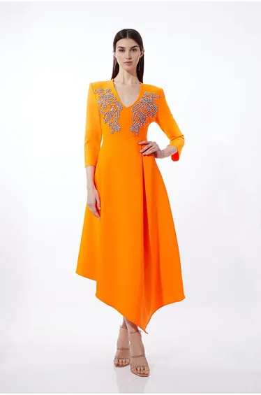 Bandage Form Fitting Asymmetric Embellished Knit Dress