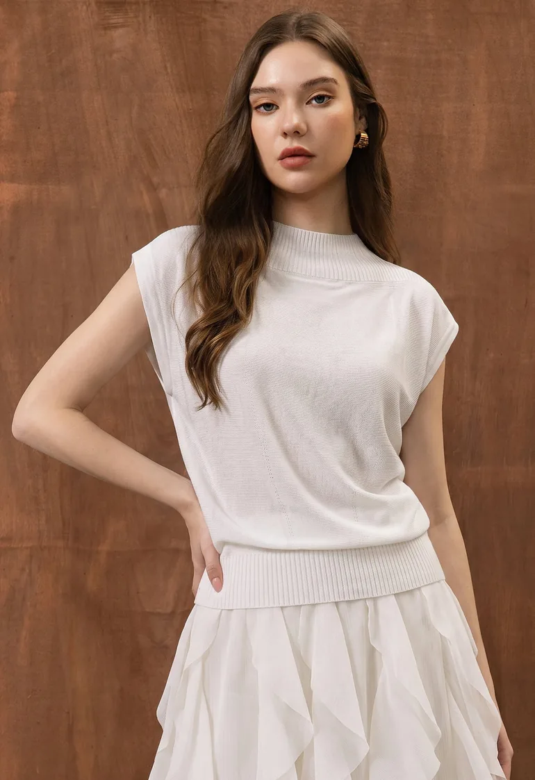 Easy Mock Neck Cap Sleeve Knit Top in White for Casual Office & Weekend Loungewear - 1