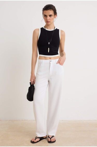 White High Waist Barrel 100% Cotton Non-Stretch Jeans