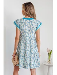 Lvness Blue Floral Print Contrast Trim Flutter Sleeve Mini Dress - 2