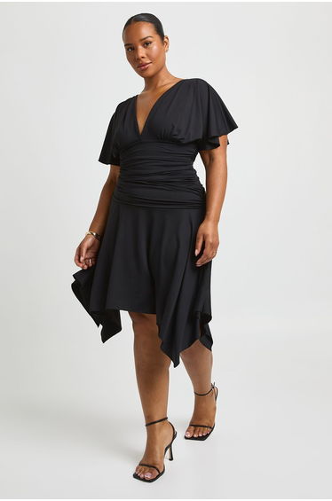Plus Super Soft Angel Sleeve Ruched Midi Dress - black