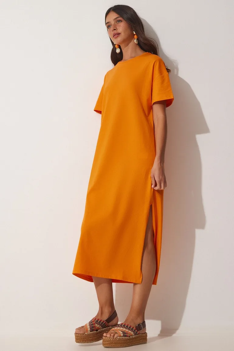 Women's Orange Cotton Summer Daily Combed Combed Dress Happiness Stanbul  Orange : Day Dresses : VogaCloset Oman