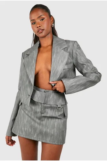 Washed Leather Look Mid Rise Belted Mini Skirt - charcoal