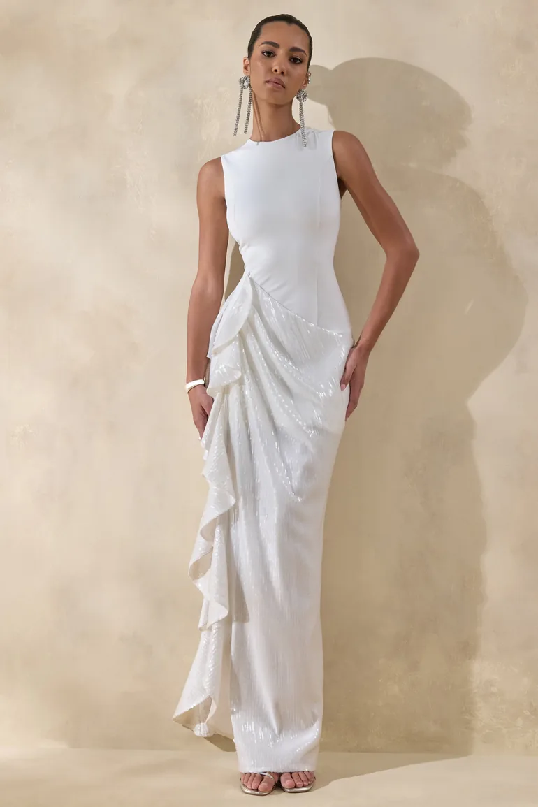 Ada | White Crew-Neck Maxi Dress With Sheer Skirt And Ruffled Detailing - 5