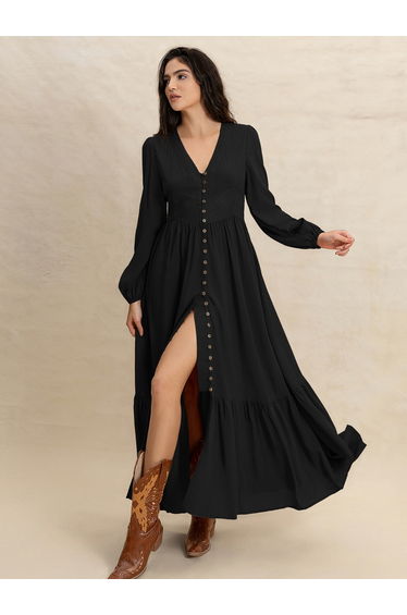 Women Black Maxi Dress with Button Loop