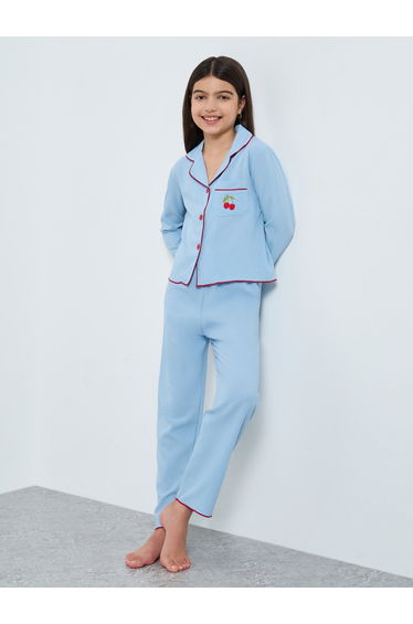 Blue Cherry Embroidered Shirt and Pyjama Set