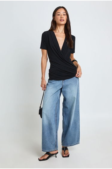 Tall Double Layer Slinky Super Cowl Neck Short Sleeve Ruched Top - black