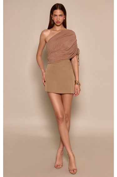 Taupe Woven Mesh Shoulder Drape Corset Dress